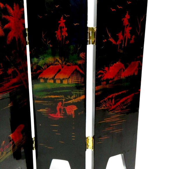 Geisha Mini FOLDING SCREEN Black Lacquer 6 Panel Asian Women Vintage - Picture 8 of 12